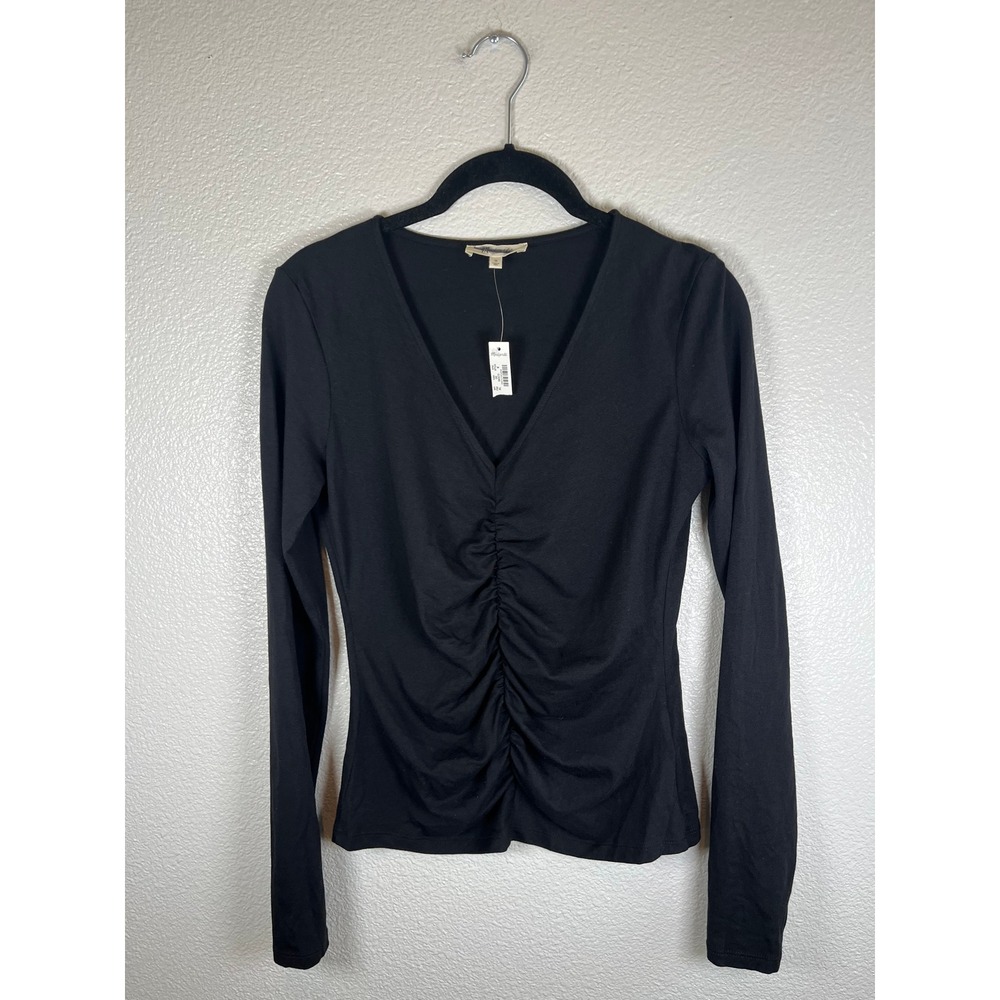 NWT Madewell Shirred V-Neck Long-Sleeve Top (Ruched) Jet Black Medium - Picture 3 of 8